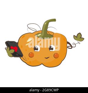 Joyeux personnage de citrouille parlant sur l'illustration vectorielle isolée du téléphone. Récolte d'automne Illustration de Vecteur