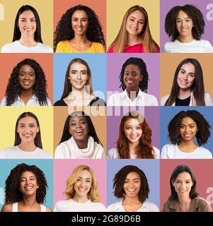 Joyeux jeunes femmes multiethniques, collection de portraits de gros plan Banque D'Images