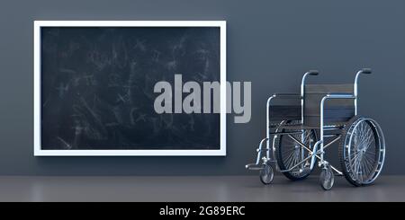 Fauteuil roulant et tableau noir d'école vide sur fond gris foncé. Matériel médical en classe, accès à l'éducation pour les étudiants handicapés concept. 3d ill Banque D'Images