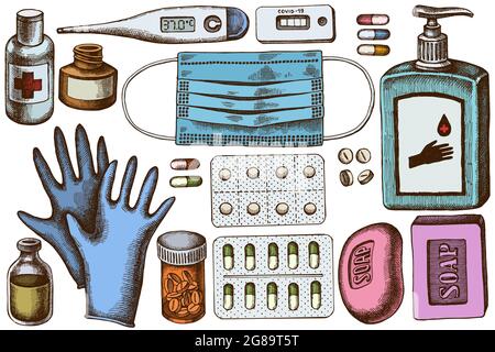 Ensemble vectoriel de pilules et médicaments colorés dessinés à la main, masque médical pour le visage, flacons de solution désinfectante, thermomètre médical, test rapide du coronavirus, savon, médical Illustration de Vecteur