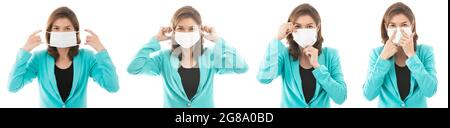 Ensemble de photos jeune et belle belle belle belle femme en tenue d'affaires décontractée isolée sur fond blanc montrant et démontrant les étapes correctes Banque D'Images