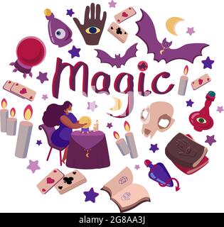Une couronne mystique avec les attributs de la divination et de la magie et de l'occultisme une boule de cristal, une chauve-souris, livres magiques, cartes de divination, bougies, un crâne, des bouteilles avec des potions et des yeux, des étoiles. Vecteur isolé sur fond blanc Illustration de Vecteur