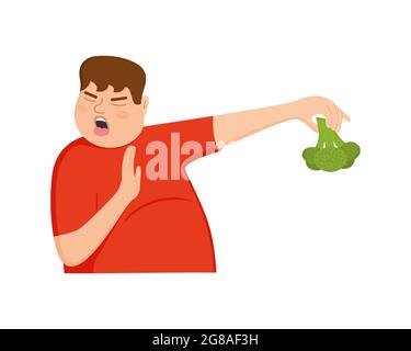 Un jeune homme gras refuse de manger du brocoli. Guy avec le geste de refus, expression faciale de dégoût. Mangeur de nourriture difficile. Concept de style de vie malsain. Illustration de dessin animé vectoriel. Illustration de Vecteur