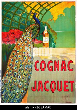 Cognac Jacquet affiche publicitaire française (Vercasson, Paris, ch. 1910). Affiche de Camille Bouchet. Un paon avec une bouteille. Banque D'Images