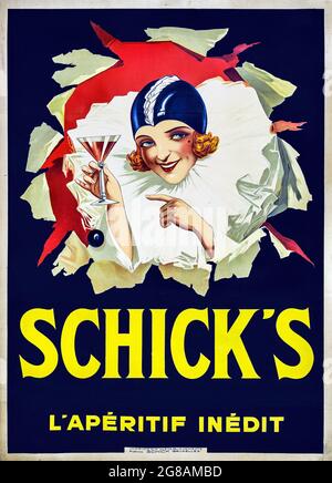 Publicité vintage pour l'alcool. Schick's l'apéritif Inedit. Affiche de style art déco – imprimé à Bruxelles 1930. Femme avec boisson, sortir. Banque D'Images