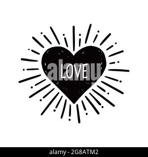 Cœur avec texte d'amour. Style d'esquisse dessiné à la main. Illustration vectorielle en forme de cœur pour cadre en forme de soleil, citation d'amour Illustration de Vecteur