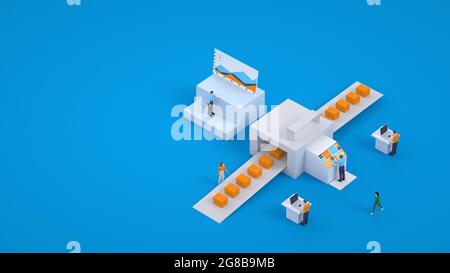 Illustration 3D du tri des colis. Système de commandes et leur tri dans le courrier. Point de prise en charge. Graphiques, modèles 3d Banque D'Images