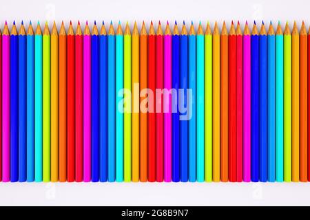 Beaucoup de crayons de couleur. Graphiques 3D, illustration crayon. Jeu de crayons de couleur sur fond blanc. Banque D'Images