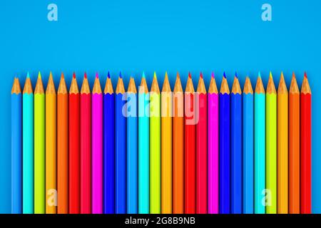 Crayons de couleur graphiques 3D. Image avec un jeu de crayons de couleur. Gros plan. Jeu de crayons de couleur sur fond bleu Banque D'Images