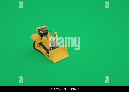 Graphiques 3D, modèle de tracteur jaune avec godet. Equipement spécial pour la construction. Équipement dans le graphique. Tracteur isolé sur fond vert Banque D'Images