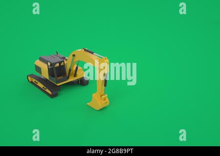 Modèle graphique 3D d'une pelle hydraulique jaune. Pelle hydraulique avec godet. Pelle hydraulique isolée sur fond vert. Banque D'Images