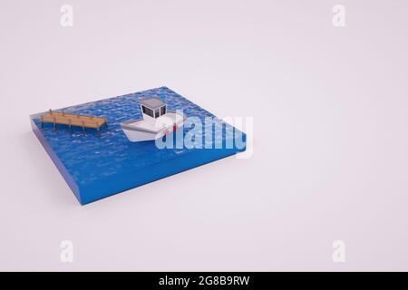 Graphiques 3D, modèle de la jetée et du bateau sur l'eau. Bateau à la jetée. Graphiques informatiques. Marina isolée avec un bateau sur fond blanc Banque D'Images