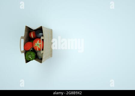 Modèle 3D d'un emballage avec nourriture, produits. Légumes dans un sac en papier écologique. Sac d'épicerie avec la nourriture du supermarché. Légumes frais. Comp Banque D'Images