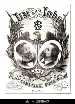 Jim et John, feuille de musique pour la campagne électorale présidentielle de 1884 pour les Républicains James G. Blaine et le général John A. Logan, avec des portraits. Banque D'Images