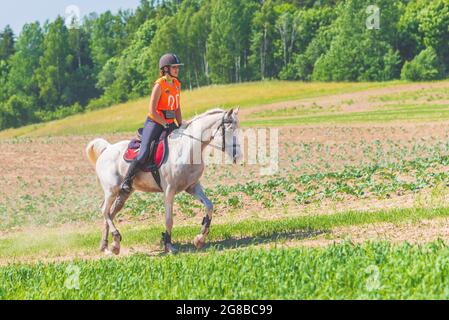 Concurrent fille équitation cheval dans le champ d'été pré.Jeune cavalier gallerps par le jour ensoleillé d'été.Rivalry concept. Banque D'Images