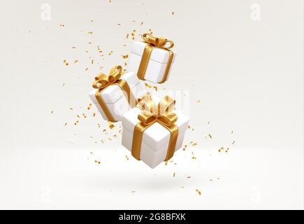Joyeux nouvel an et Joyeux Noël 2022 boîtes-cadeaux blanches avec des noeuds dorés et des paillettes dorées confetti sur fond blanc. Boîtes-cadeaux volant et tombant Illustration de Vecteur