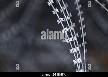 Fil barbelé métallique pointu traité en forme de grunge. Banque D'Images