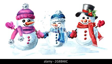 Bonne famille bonhomme de neige en bonnet, écharpe et moufles. Aquarelle illustration dessinée à la main isolée sur fond blanc Banque D'Images