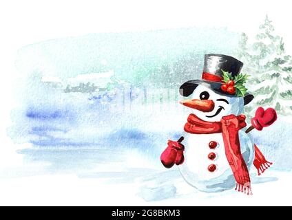 Bonhomme de neige mignon clignotant et souriant dans une casquette et une écharpe rouges en paysage hivernal. Carte de vœux du nouvel an et de Noël ou invitation avec espace de copie. Wate Banque D'Images