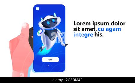 mignon robot cyborg sur l'écran de smartphone moderne caractère robotique intelligence artificielle concept de technologie Illustration de Vecteur