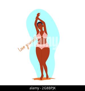 Femme afro-américaine avec les yeux fermés dans un maillot de bain avec les bras levés, corps positif, illustration vectorielle dans le style plat. Dessin animé Illustration de Vecteur