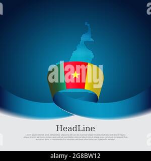 Drapeau du Cameroun, carte en mosaïque sur fond bleu blanc. Ruban ondulé avec drapeau du cameroun. Bannière vectorielle, affiche nationale. Couverture du livre d'affaires Illustration de Vecteur