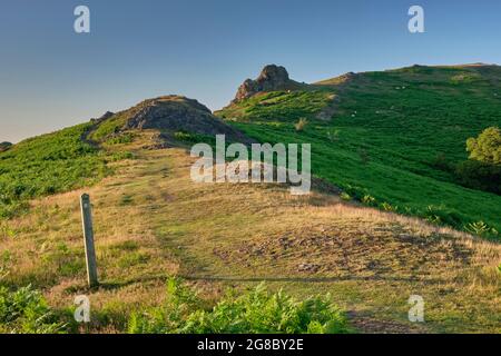 Le chemin jusqu'à la Gaer Stone sur Hope Bowdler Hill, Church Stretton, Shropshire Banque D'Images