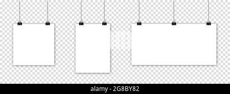 Feuilles de papier à suspendre vierges avec attache pour reliure et ombres. Maquette de papier vierge vierge isolé sur fond transparent Illustration de Vecteur