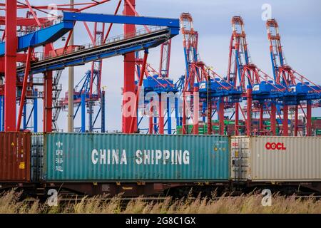 Hambourg, Allemagne - Chine expédition de conteneurs maritimes sur un train de marchandises dans le port de Hambourg, devant des grues portuaires au terminal de conteneurs Eurogate. C Banque D'Images