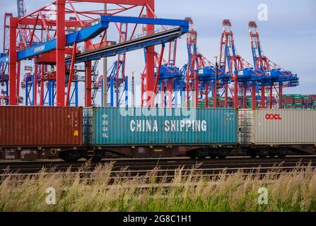 Hambourg, Allemagne - Chine expédition de conteneurs maritimes sur un train de marchandises dans le port de Hambourg, devant des grues portuaires au terminal de conteneurs Eurogate. C Banque D'Images