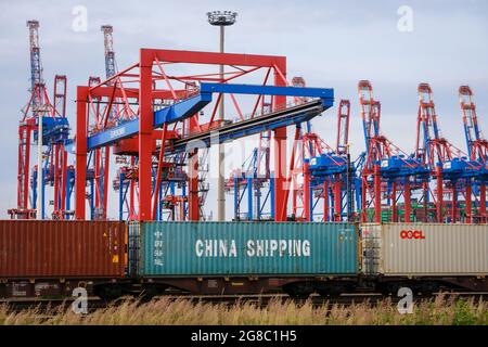 Hambourg, Allemagne - Chine expédition de conteneurs maritimes sur un train de marchandises dans le port de Hambourg, devant des grues portuaires au terminal de conteneurs Eurogate. C Banque D'Images