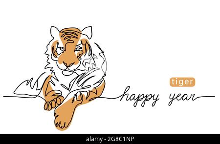 Bonne année du tigre. Un dessin en ligne continu du tigre. Illustration de couleur vectorielle, bannière de message d'accueil, affiche. Contexte du nouvel an chinois Illustration de Vecteur