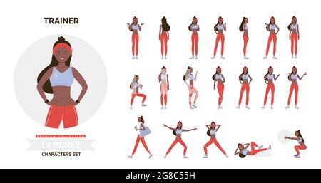 African american black fitness trainer femme pose dans l'ensemble d'illustration de vecteur d'entraînement. Personnage de dessin animé blond posant, entraînement, faisant des exercices de gymnastique de sport en salle de gym avec le ballon, haltères isolées Illustration de Vecteur