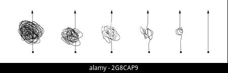 Jeu de trajectoires de ligne simple et complexe. Nœud de la ligne de gribouillage, de la forme compliquée à la forme simple Illustration de Vecteur