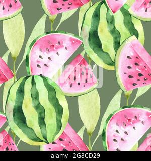 Pastèques, feuilles de palmier tropicales, motif floral sans couture, été Banque D'Images