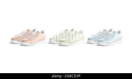 Blank colored leather sneakers with lace mockup pair, isolated, 3d rendering. Empty pink, green and blue sporty shoelace mock up, half-turned view. Cl Banque D'Images