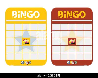 Carte de bingo avec espace de copie vierge jaune et rouge découpée avec du texte Beach ball lunettes de soleil boules et boules de bingo sur fond blanc Illustration de Vecteur