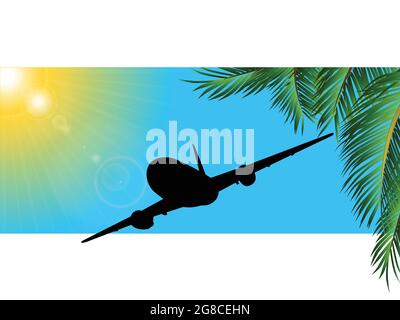 Panneau de voyage avec silhouette d'avion Palm Tree Sun et des reflets d'objectif avec le palmier sortant du panneau sur fond blanc Illustration de Vecteur