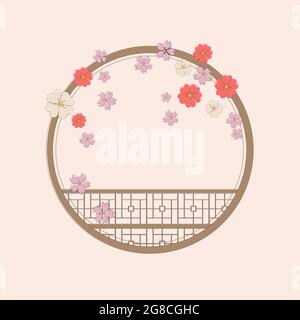 Fenêtre traditionnelle chinoise. Cadre rond en fleurs. Dessin à la main d'une fenêtre chinoise en couleurs. Vecteur. Illustration pour carte, affiche, bannière, étiquette, Illustration de Vecteur