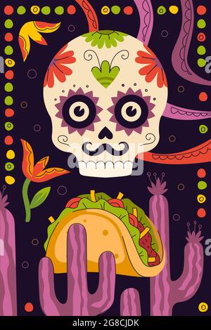 Affiche sur les tacos de restauration rapide mexicains pour le menu du restaurant mexico cuisine pour la publicité du restaurant taqueria.Crâne squelette, décoration cactus et plat traditionnel latino-américain tortilla farcie.Bannière Taco eps Illustration de Vecteur
