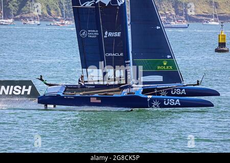 Équipe États-Unis en action le deuxième jour des courses de SailGP à Plymouth Sound le 2021 juillet. L'événement britannique également connu sous le nom de Grande-Bretagne Sail Gran Banque D'Images