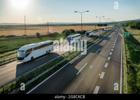 Série de bus White modernes voyageant sur une grande autoroute dans un cadre rural. Convoi de bus. Transport routier de passagers dans une ligne de bus. Banque D'Images