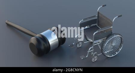 Fauteuil roulant et juge sur fond gris. Concept de loi pour les personnes handicapées et de droits et services pour les personnes handicapées. illustration 3d Banque D'Images