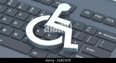 Handicapés, handicapés et concept technologique. Symbole de fauteuil roulant sur le clavier noir de l'ordinateur portable, illustration 3d Banque D'Images