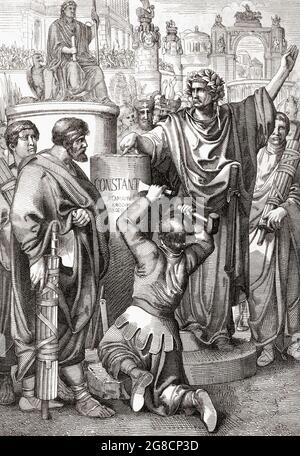 Constantine I, connu sous le nom de Grand, c.272 - 337, empereur romain, choisit Byzance comme sa capitale à l'est et en 330, il est consacré à lui comme Constantinople. Après une œuvre du XIXe siècle de Peter Geiger. Banque D'Images