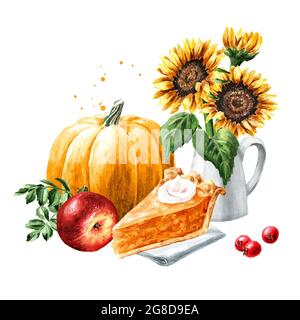 Composition d'automne avec citrouilles, fleurs de tournesol et tranche ou morceau de tarte à la citrouille américaine, concept du jour de Thanksgiving. aquarelle dessinée à la main illust Banque D'Images