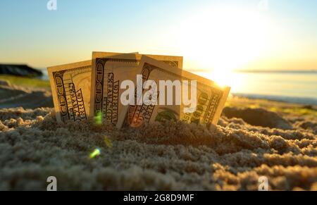 Trois billets de dollars sont enterrés dans le sable sur la plage de sable près de la mer au coucher du soleil Banque D'Images