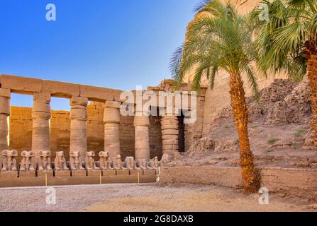 Les sphinxes à tête bélatée dans ce que l'on appelle le tribunal éthiopien, Karnak, Égypte Banque D'Images