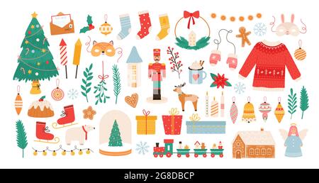 Autocollants de Noël. Décorations de vacances d'hiver, arbre de Noël, boîtes-cadeaux, baubles, masques, bougies et pain d'épice homme. Ensemble de vecteurs plats de la nouvelle année Illustration de Vecteur