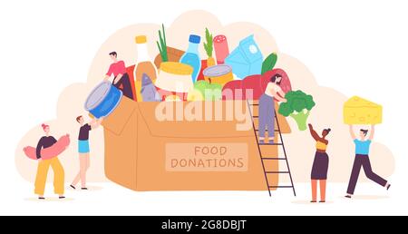 Les gens donnent de la nourriture. Les personnages minuscules mettent les produits d'épicerie dans une boîte de charité. Aide communautaire bénévole pour les pauvres. Concept de vecteur de l'alimentation des fêtes Illustration de Vecteur